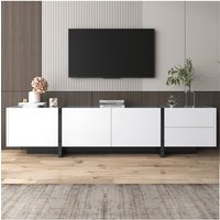 TV Cabinet Low Panel with Colorblocked Legs in High-gloss White and Black with Doors and Drawers with Shelves Simple Line Design
