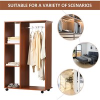 Wardrobe With Four wheels, aluminium hanging rail and three open shelves Easy to move For bedroom cloakroom guests room, Walnut