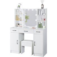 【11.11 Deals, Black Friday Deals 2025】Dressing Table w/ LED Bulbs Mirror 3 Drawers & Stool Set Make Up Desk Vanity Set