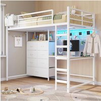 twin size loft bed with l-shaped desk and 7 storage drawers, metal bunk bed for kids with led lights and charging station