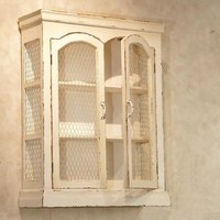 Vintage Wall Cabinet, White Distressed Wood, Chicken Wire Mesh Doors, French Country Style, Decorative Wall Storage Display