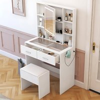2 Drawers 4 Shelves Dressing Table Set LED three-color Dimming Touch Mirror Glass Table Top with Power Strip Hair Dryer Holder