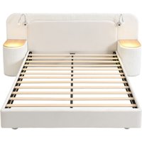 Upholstered bed, 4ft6 double bed 135×190cm, Bedside reading light, Includes bedside table, Velvet + Plywood, Beige