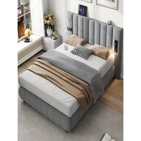 Upholstered bed, Adults teenagers,With stereo, 3 Type A +1 Type C,With lighting,electrical plug,Soft headboard, Velvet+Iron,Grey