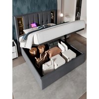 Upholstered Bed Frame with Wireless Charging (USB Type-C),Hydraulic Bed with Large Storage Space,Linen Fabric