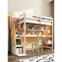 Wood House Bunk Bed,children's loft bed with storage stairs,made of pine wood,large desk and shelves,slatted frame,white+natural