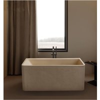 "Wabi Sabi Cream Square Bathtub - Freestanding Artificial Stone Soaking Tub for Hotel Spa Bathroom, Minimalist Design"