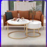 2pcs End Table, Nesting Tables with Storage Gold Metal Frame Legs and Marble Pattern Top, Round Coffee Tables with Drawer