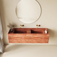 "Double Sink Vanity Set: Italian Red Travertine, Dual Faucets, Narrow Frame Deep Basin & Child-Safe Edges - Premium Bathroom"​