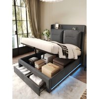 Upholstered hydraulic Bed,2-in-1 storage drawers at the end of the bed,recessed LED light strips on both sides of the bed