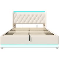 Upholstered Ottoman Bed with 360 Surround Led Function,Hydraulic Storage Bed Frame with Charging Function,PU, White